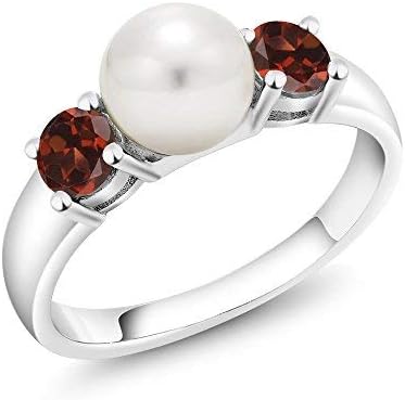 Gem Stone King 925 Sterling Silver Freshwater Pearl and Red Garnet Ring For Women | 0.80 Cttw | Gemstone January Birthstone | Wedding Engagement Anniversary Promise Ring For Women