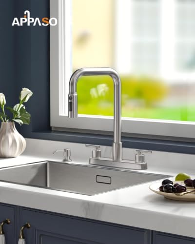 Image of APPASO 4 Hole Kitchen Faucet Brushed Nickel for 3 or 4 Hole Standard Sinks | 2 Handle Kitchen Faucets with 3-Mode Pull Down Sprayer and Soap Dispenser, Square Spout Dual Handle Faucet Stainless Steel