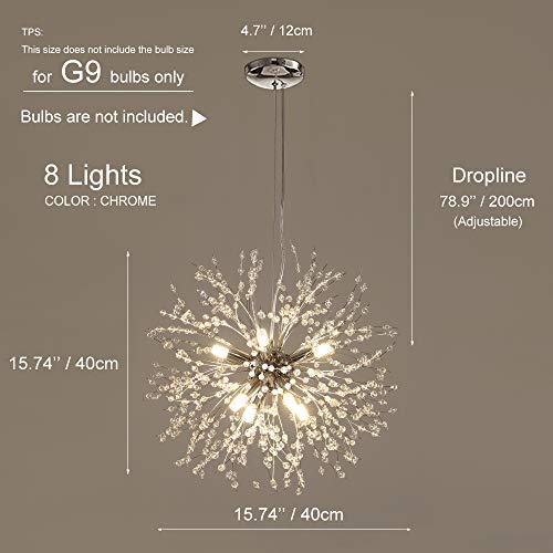 Qamra Modern Crystal Chandeliers, Chrome Firework Dandelion Sputnik Chandelier Light Fixture Pendant Lighting For Living Room, Dining Room, Bedroom, Kitchen(8-Light, Chrome) #TOP2