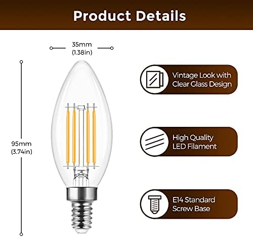 4X LOHAS 4W E14 LED Filament Bulb, 40W Equivalent, C35 Filament Candle Light Bulb Warm White 2700K, Small Edison Screw Bulb 400LM, 230V, Non Dimmable
