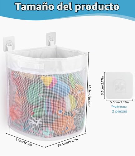 Miniatura 2 de Bixury Bolsa Organizadora De Juguetes Para Bañera Y Almacenamiento, Malla De 26,5 23,5 31 Cm, Con 2 Ganchos Autoadhesivos