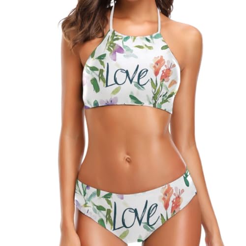 FRODOTGV Conjunto de bikini con lazo halter para mujer, varios tamaños S a XXL, Floral Love, S