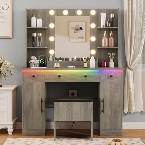 Image of HUANLEGO Vanity Desk with Mirror and Lights,Grey Makeup Vanity with Charging Station & Stool, 3 Drawers and Cabinets, Farmhouse Vanity Mirror with RGB LED Lights Makeup Desk and Chair for Women