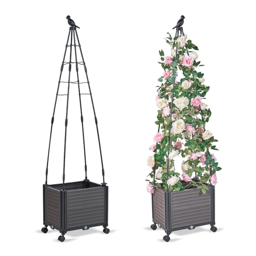 Outmax Raised Bed Planter Box with Trellis, 63inch Tomato Planter for Climbing Plants and Vegetables, Cucumber Trellis with Wheels for Outdoor, Brown