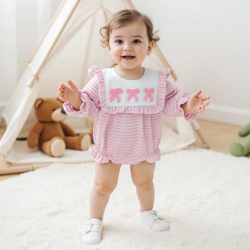Newborn Baby Girl Fall Winter Outfit Bow Embroidered Long Sleeve Striped Square Neck Bubble Romper Infant Bodysuit3