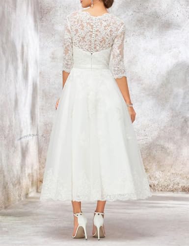 Lace Tea Length Wedding Dresses for Bride A-Line Long Sleeve Bridal Gown Appliques Formal Evening Gowns2