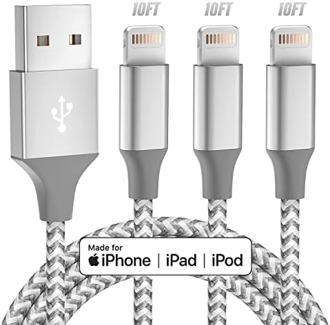 iPhone Charger [Apple MFi Certified] 3pack 10FT Long Lightning Cable Fast Charging High Speed Data Sync USB Cable Compatible iPhone 13/12/11 Pro Max/XS MAX/XR/XS/X/8/7/Plus/6S (Grey White)