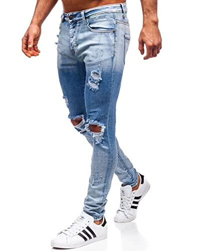 Hungson Men's Stretchy Ripped Skinny Biker Jeans Taped Slim Fit Denim Pants #TOP1