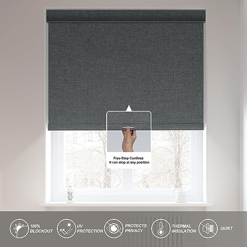 Boolegon Blackout Roller Shades for Indoor Windows, Pull Down Roller Blinds Cordless, Linen Fabric, Thermal Insulated UV Protection Shades for Home Bedroom Office Door, Grey, Custom Size - 4