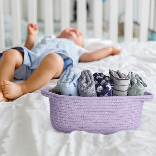 Image of Small Woven Gift Basket, Baskets for Gifts Empty, Cotton Rope Cat Dog Toy Bin Box, Nursery Baby Basket, Wicker Basket with Handles, Shelf Storage Basket for Home Decor, Purple, 12 inchx 8 inchx 5 inch