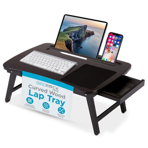 BIRDROCK HOME Curved Wood Lap Tray with Foldout Legs, Storage Drawer, Mouse Pad, Fits Laptops Up to 17", Tablet and Phone Slot, Laptop Table for Sitting or Standing, Work from Home - Walnut