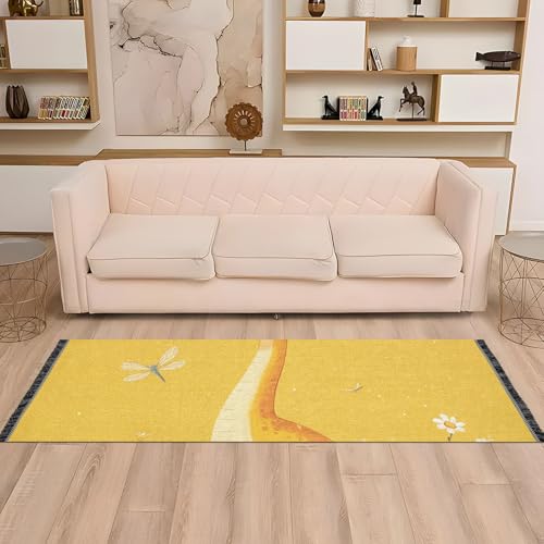 Tapis de couloir lavable en machine antidérapant jaune pompons