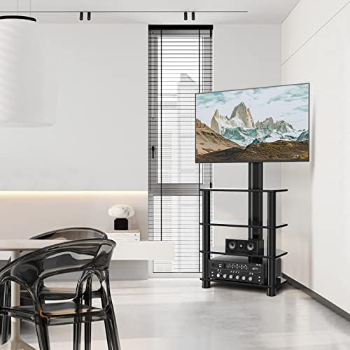 RFIVER 4-Tiers Glass TV Stand Corner TV Stand for most 32-70 inch Flat Curved TV Swivel Height Adjustable TV Mount Bracket with Tempered Glass Media Storage Shelves Black
