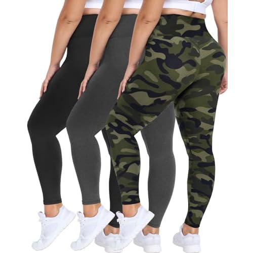 GAYHAY 3 Pack Plus Size Leggings for Women - High Waist Stretchy Tummy Control Pants for Workout Yoga Running Large-X-Large Black/ Heather Dark Charcoal/ Green Camouflage
