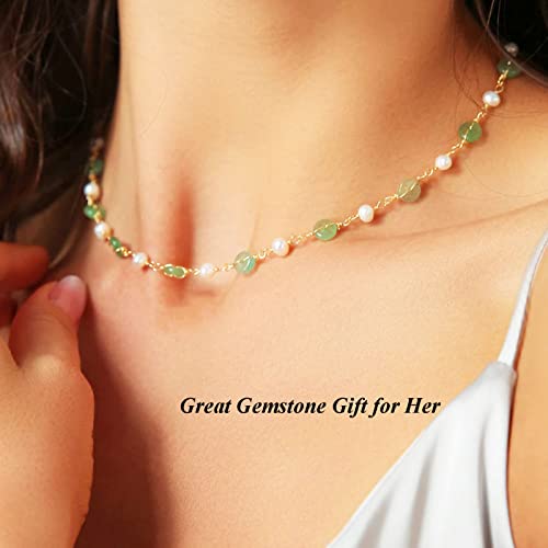 Delicate 14K Gold Plated Green Jade Beaded Necklace For Women, Natural Freshwater Pearls Aventurine Quartz Charm, Adjustable Choker Lucky Jewelry Gift For Her #TOP4