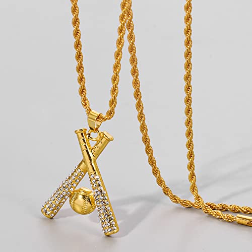 Hyxitvcg Baseball Necklace Hip Hop Baseball Pendant Baseball Bat Cross Stainless Steel Pendant Necklace Boys Sports Jewelry Sports Necklace Rhinestone Baseball Necklace For Men And Women (Gold) #TOP4