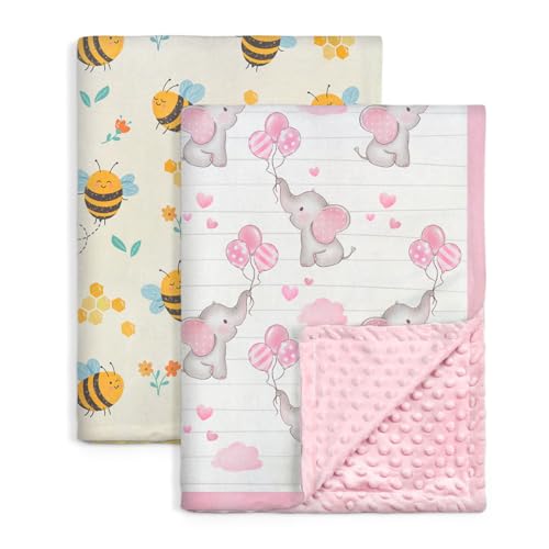 Image of SANDJEST Minky Blanket 2 Pack with Dotted Back 30 x 40 Inches, Gift for Christmas Birthday (Bee, Elephant)