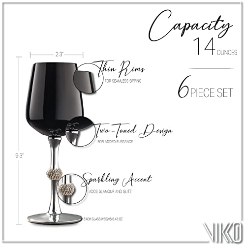 Vikko Décor Black And Silver Wine Glasses: 14.2 Oz Wine Tasting Glass – Decorative Wine Glass With Diamante Accented Stem – Fancy Stemmed Wine Glasses Set Of 6 – 9.2” X 2.4” Stemware #TOP4