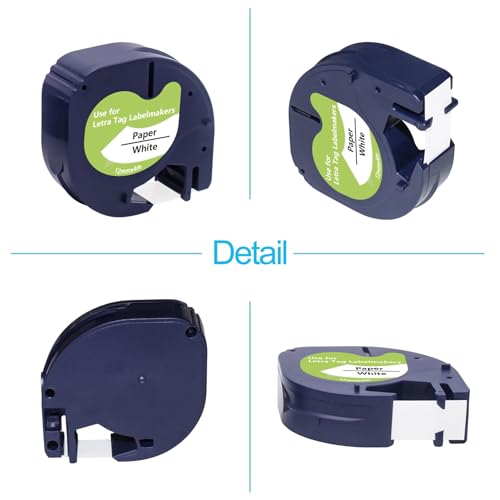 UNOKA Letratag Etikettenband, kompatibel mit Dymo Etikettenband, Weiß, 12 mm x 4 m, a91220 91200 S0721510, Nachfüllpackung für DYMO Letra Tag 100H 100T 200B XR XM QX50 2000 Etikettenhersteller
