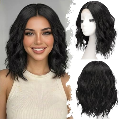 Eawwii Black Short Wavy Wig for Women Lace Hairline Bob