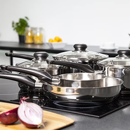 Morphy Richards 970002 Induction Frying Pan and Saucepan Set With Lids, Stay Cool Handles, Themocore Technology, Stainless Steel Pan Set, 5 Piece, 5 Piece Set