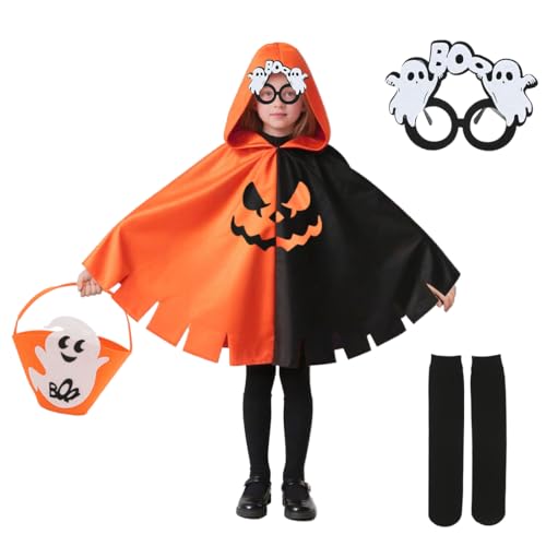 Epokus Costume Fantome Enfant,Noir+Orange Déguisement Fantôme avec Sac de Citrouille,Lunettes, Bas,pour Garçons et Filles, Halloween des Bonbons ou Un Sort,Convient aux Enfants de 3 à 5 ans