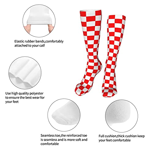 Red White Plaid Checkerboard Socks Winter Spring Warm Thick Crew Socks Moisture Wicking Compression Athletic Socks For Mens Womens Teens 20 Inch #TOP2
