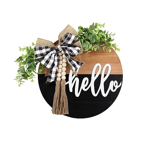 NEWOTE Hello Home Sign, Farmhouse Front Porch Welcome Wreath, 12 Wooden Round Decor, Hanging Door Decor for Home, Office, Cafe