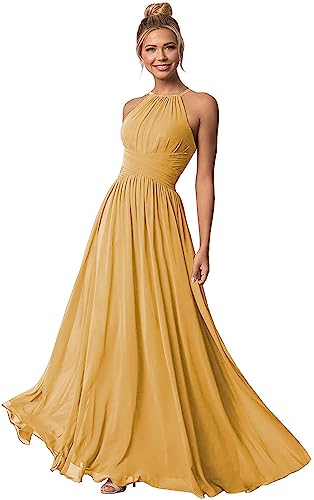 Clothfun Women's Halter Bridesmaid Dresses Long Chiffon Pleated F...