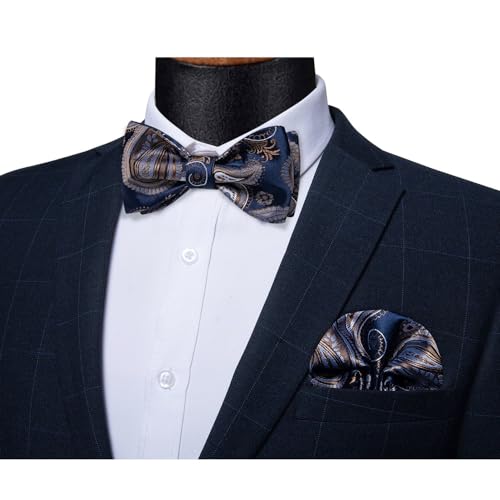 Set de corbata de moño, pañuelo y gemelos en seda floral azul miniatura 3