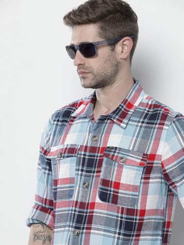 Image of The Indian Garage Co Men Regular Fit Checkered Full Sleeves Spread Collar Double Flap Pocket Casual Over Shirt