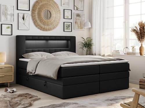 MKS MEBLE Boxspringbett 180x200 mit Led Kunstleder Schwarz, Polsterbett mit LED Kopfteil, Multipocket Matratze H4, Doppelbett mit Bettkasten Stauraumbett - GOLD-5-KING - Kunstleder Schwarz