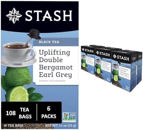Stash Tea Double Bergamot Earl Grey Black Tea - Caffeinated, Non-GMO Project Verified Premium Tea with No Artificial Ingredients, 18 Count (Pack of 6) - 108 Bags Total