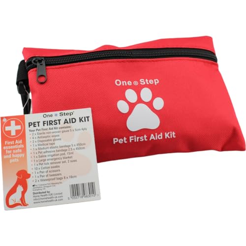 One Step Pet Travel First Aid Kit, Includes 28 Premium Items, Tick Remover, Syringe, Bandages, Wipes, Travel Sized First Aid For Dogs, Cats and all Other Pets