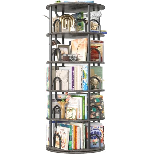 Aheaplus 5 Tier Rotating Bookshelf Tower, 360 Display Spinning Bookcase,