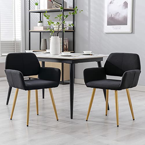 Kcc Dining Chair Set Of 2, Upholstered Fabric Desk Chairs Small Armchair, Leisure Modern Living Room Accent Chairs With Metal Tube Legs For Kitchen, Dining Room, Guest Room Bedroom, Black #TOP6