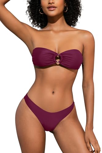 Image of SHEKINI Women's Two Piece Swimsuit O Ring Strapless Bandeau Bikini Sets for Women with Sexy High Cut Cheeky Bottoms Beach Brazilian Swimwear, Purple, M