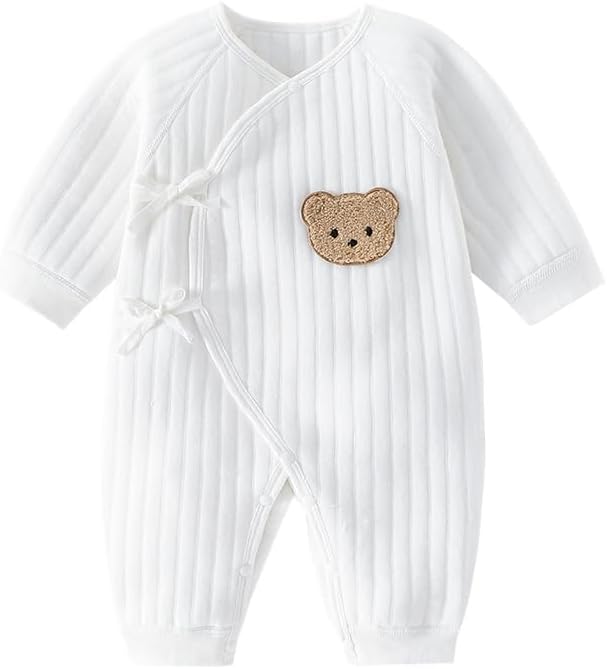 Newborn Baby Cotton Onesie, Cute Bear Patched Casual Long Sleeve Bodysuit, Toddler & Infant Boy's Girl's Comfortable Clothing