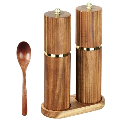 Image of Salt and Pepper Grinder Set with Tray, Acacia Salt and Pepper Grinder Set of 2 with Ceramic Grinder, Vertical 8inch Pepper Mill Spice with Adjustable Ceramic core for Cooking and Baking Brown