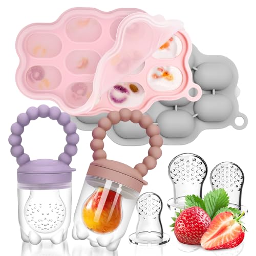 Image of Silicone Baby Fruit Food Feeder, 2 Pack Freezer Tray with lid for Batch Prep,Introduce New Foods, Breastmilk Popsicle Molds, Silicone Teething Toys, Includes 6 Extra Food Pacifier