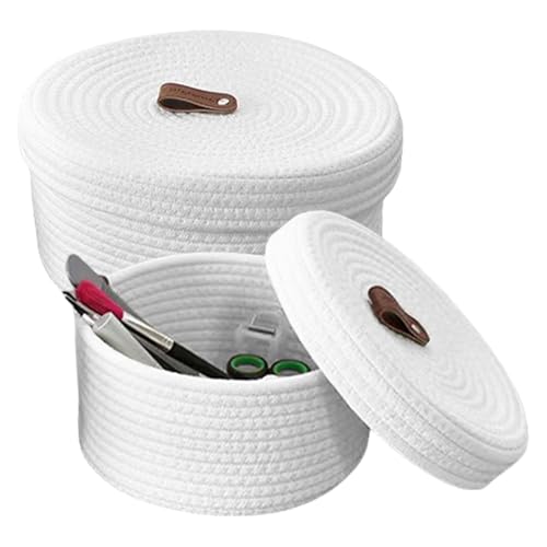 Panier Rangement - 2 Pièces Panier de Rangement Rond Tissé avec Couvercle, Panier en Corde De Coton Convient pour La Cuisine, Le Salon, La Salle De Bain (Blanc)