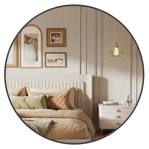 SONGMICS Miroir Rond, Miroir Mural, Diamètre 61 cm, Cadre en Métal, Facile à Installer, pour Salle de Bain, Salon, Chambre, Entrée, Couloir, Noir d'encre LWM102B01