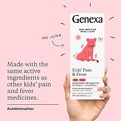 Genexa Kids' Acetaminophen Pain & Fever Oral Suspension Medicine - 4Oz - For Children 2 - 11 Years Old, Temporarily Relieves Pain And Fever Symptoms, 160 Mg Per 5 Ml- Organic Blueberry Flavor #TOP3
