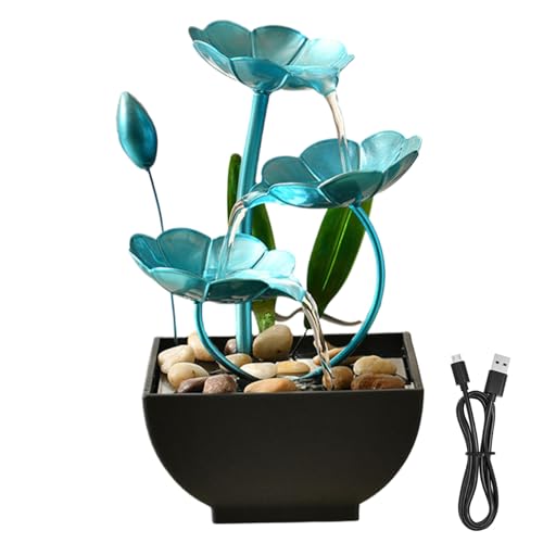 FONTA DI ACQUA CABLETOPILE 5x5x9in decorazioni di loto interno a cascata FONTAIN USB Mini Zen Rilassamento Fiore per ufficio, soggiorno, camera da letto (blu)