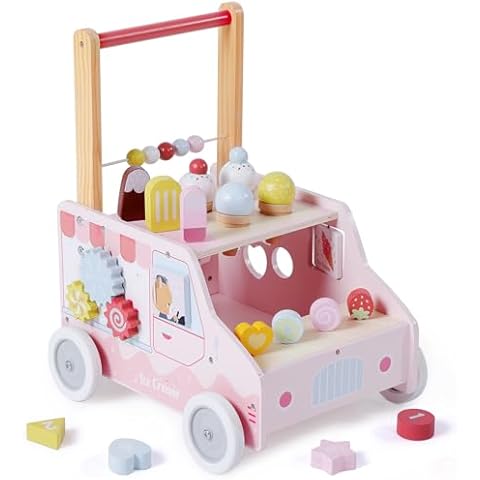 labebe Wooden Baby Walker, Push Activity Walker for Kids 12M+, Multifunctional Ice Cream Cart Activity, Adjustable Speed Learning Walking with Wheels, Birthday Gift for Girls Boys Ages 1-3 (Pink) Cover