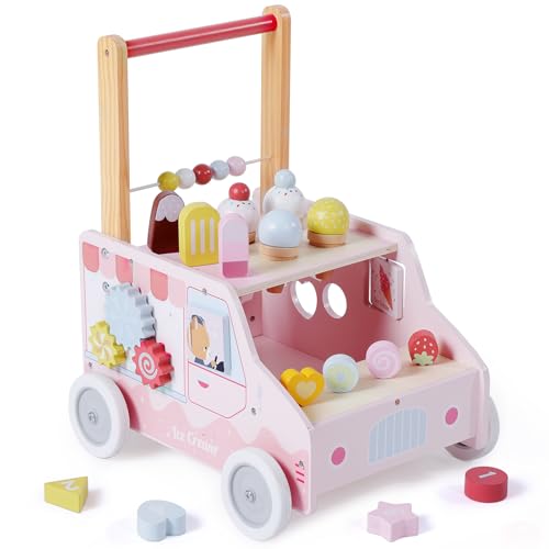 Image of labebe Wooden Baby Walker, Push Activity Walker for Kids 12M+, Multifunctional Ice Cream Cart Activity, Adjustable Speed Learning Walking with Wheels, Birthday Gift for Girls Boys Ages 1-3 (Pink)