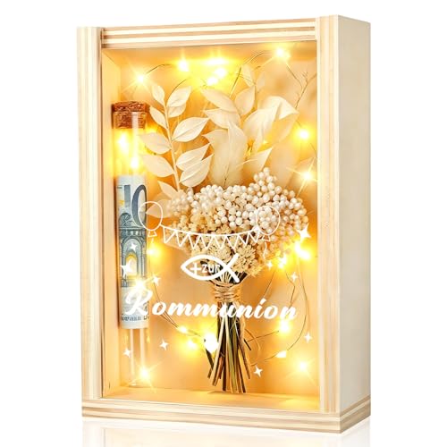 Cadeau de communion en bois avec fleurs séchées et tube à essai pour argent