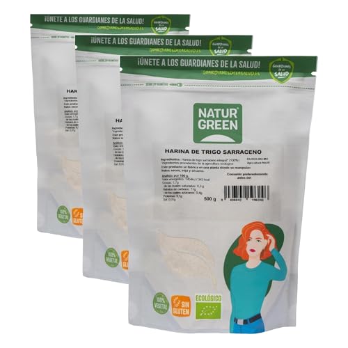 Naturgreen - Harina de Trigo Sarraceno Bio, Harina Ecológica para Cocinar, Trigo Sarraceno Molido, Sin Azúcares Añadidos, Sin Gluten - 500 g (Paquete de 3)