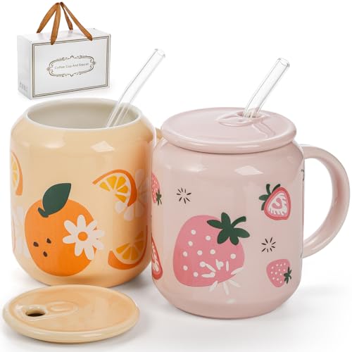 Noamus 2 Pack Cute Ceramic Mugs with Lid and Straw, 13 Oz Fruits Pattern Coffee Cup with Handle, Handmade Strawberry Orange Tea Cup for Office Home, Hot Ice Water Chocolate Milk, Women Gift by Noamus - Used condition - US$15.49