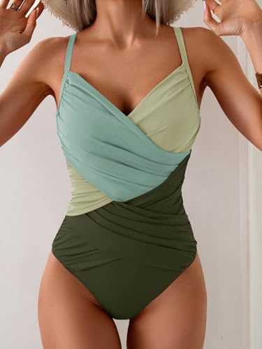Image of B2prity Women's One Piece Swimsuit Tummy Control Criss Cross Slimming Bathing Suit Full Coverage Swim Suit V Neck Swimwear